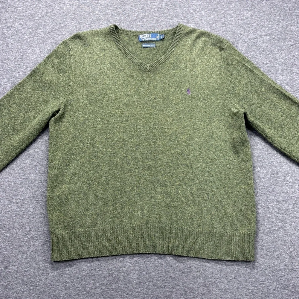 Vintage Polo Ralph Lauren Sweater Mens XL 100% Lambswool Olive Green‎ V-Neck Y2K